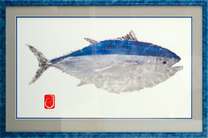 Gyotaku fish print by Scott Wells in glossy blue custom frame