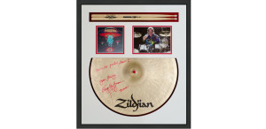 Boston drum sticks and signed cymbal in multi opening custom frame