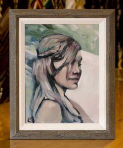 Commissioned oil portrait custom framed with linen liner and boho frame