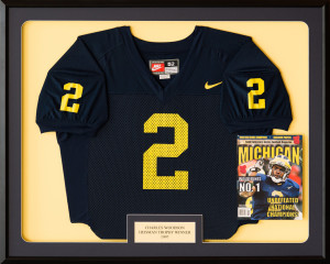Custom framed Michigan Heisman jersey with magazine and custom name plate