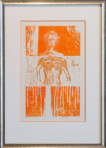 Wood block print with orange accent mat