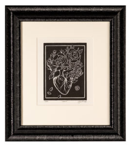 Heart lino print with glossy black frame