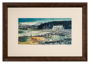 Burl wood frame on lithograph